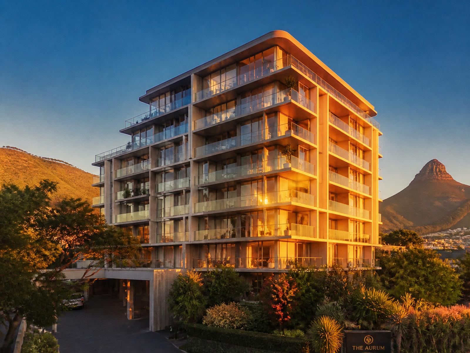 Modern South African apartment building glowing at golden hour