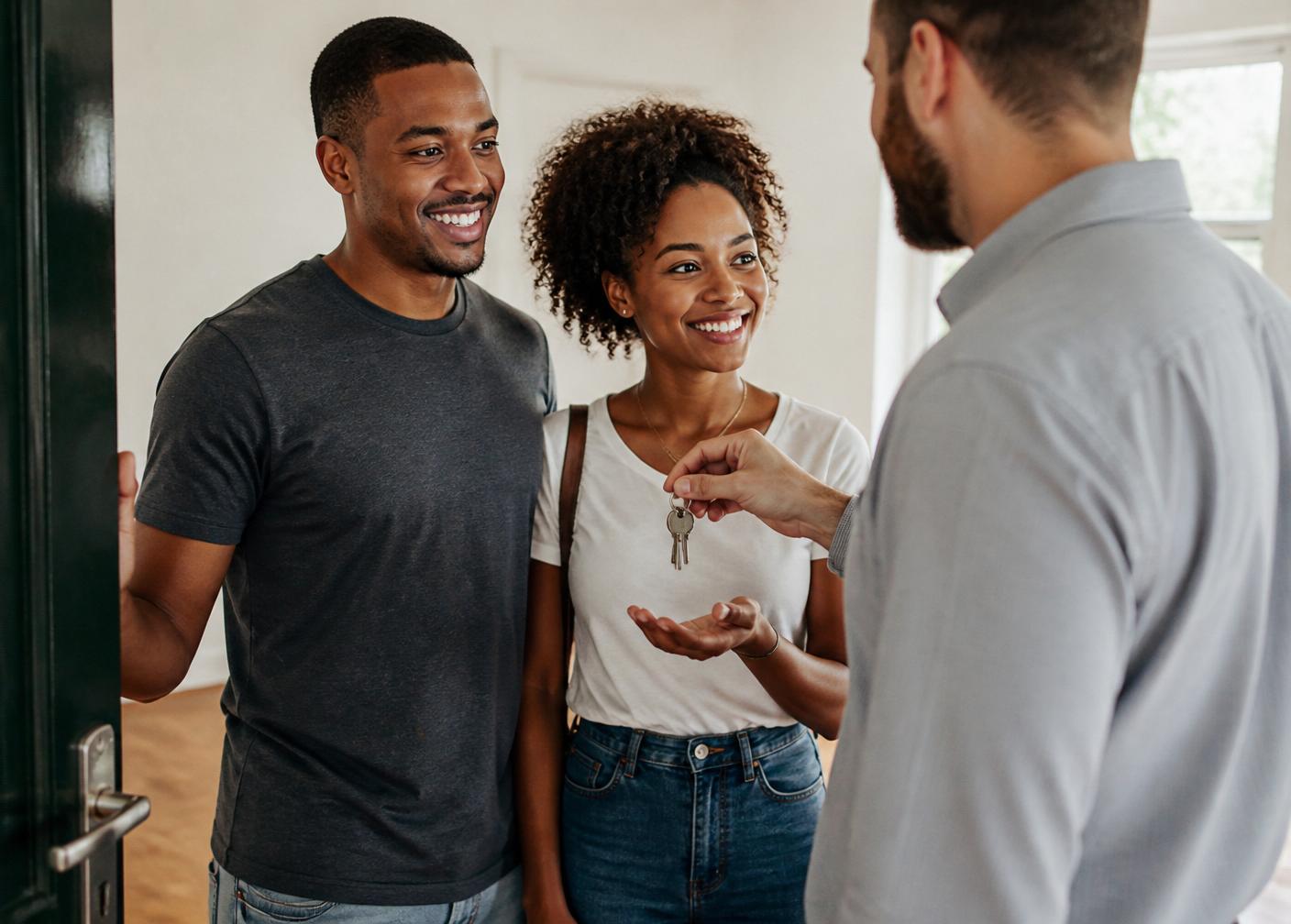 A young South African couple receiving keys to their new rental