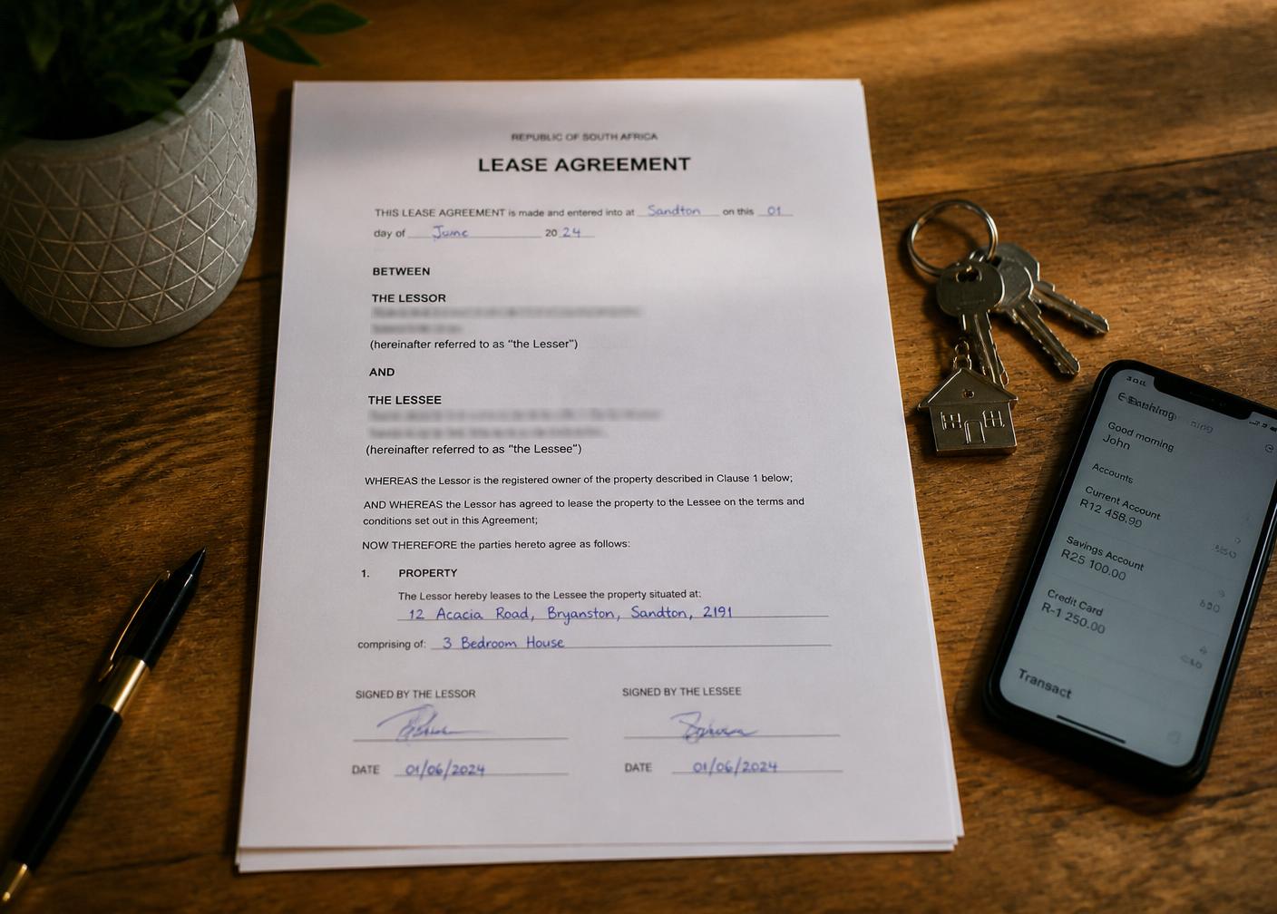 A signed South African lease agreement on a wooden desk beside keys and a phone